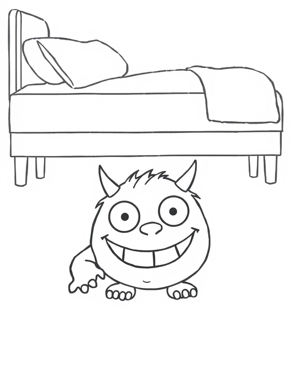 Coloring page of a friendly monster peeking out from under a bed, its head and one hand showing beneath the bed frame