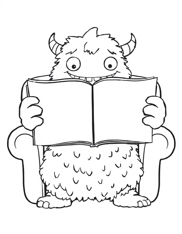 Coloring page of a large furry monster sitting in an armchair holding an open book with blank pages