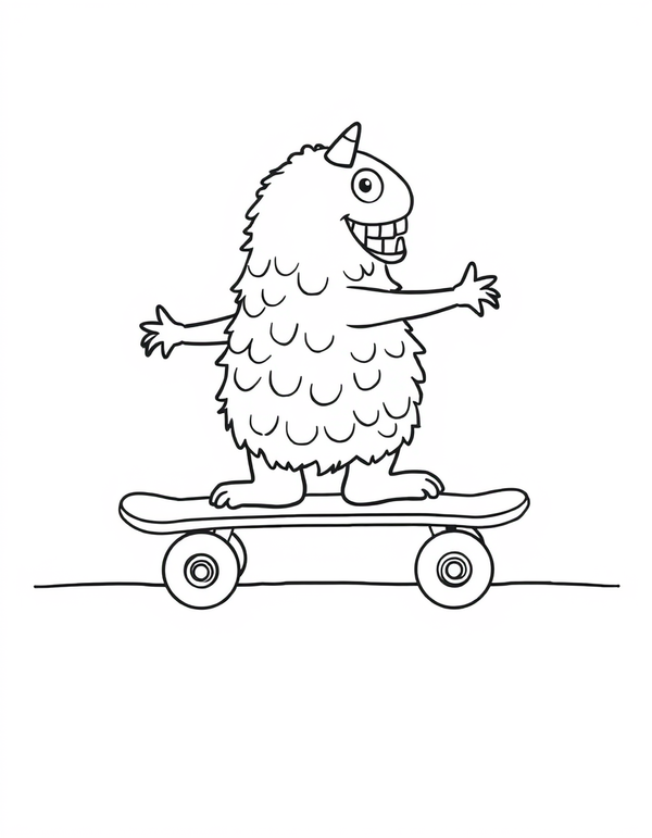 Coloring page of a monster riding a skateboard with both feet on the deck and its arms out for balance