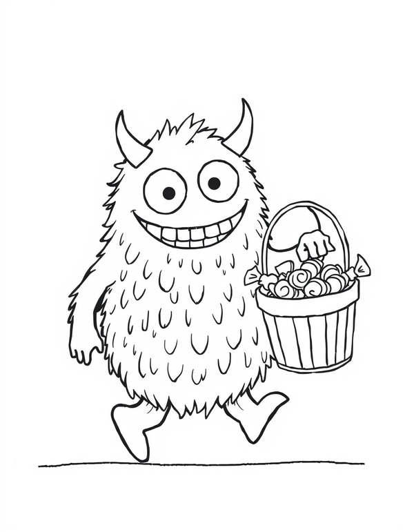 Coloring page of a shaggy monster walking along holding a ribbed candy pail filled with wrapped sweets