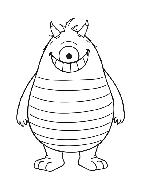 Coloring page of a round one eyed monster standing upright with wide open bands across its belly and short horns on its head