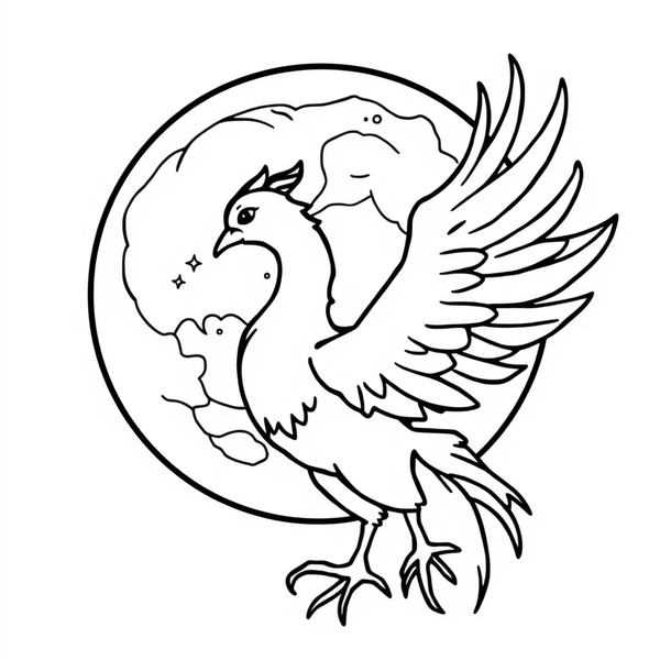 Black and white coloring page of phoenix silhouetted against a glowing moon