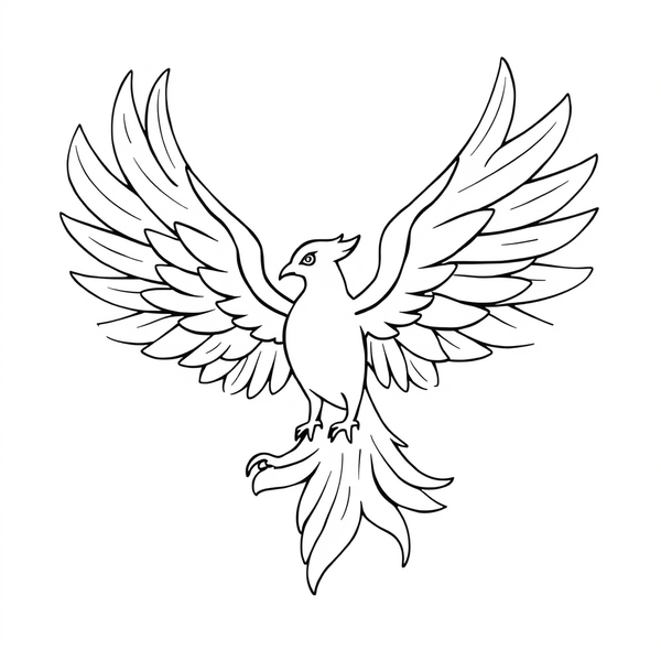 Black and white coloring page of phoenix with wings fully spread in glory