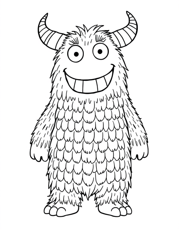 Coloring page of a tall shaggy monster standing upright with two thick horns curling back from its head and open scallop strokes of fur across its body
