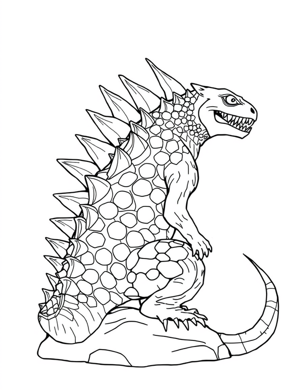 Coloring page of a spiky scaled monster sitting on a low rock with a row of triangular spines down its back and large open scale outlines on its body