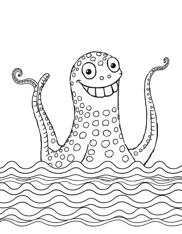Coloring page of a sea monster rising out of the water with long curling tentacles lifted above a wavy water line