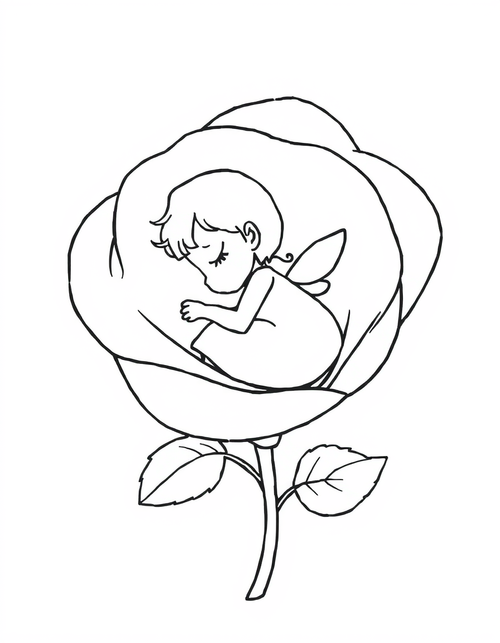 Black and white coloring page of tiny fairy sleeping peacefully in a rose petal