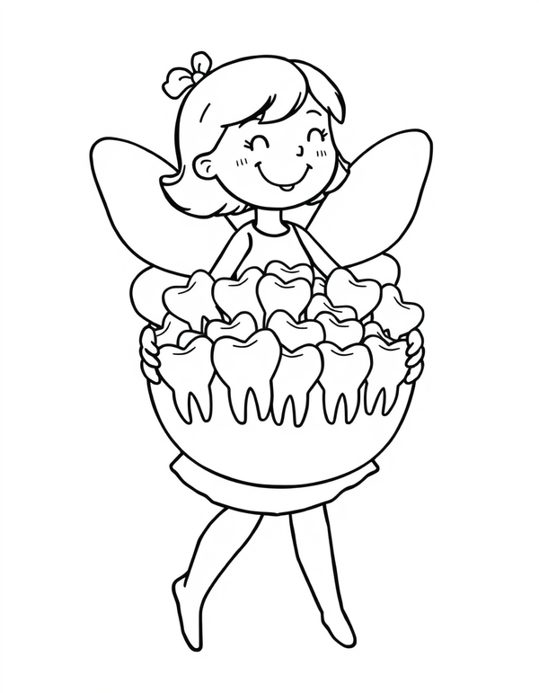Black and white coloring page of tooth fairy with wings and a basket of teeth