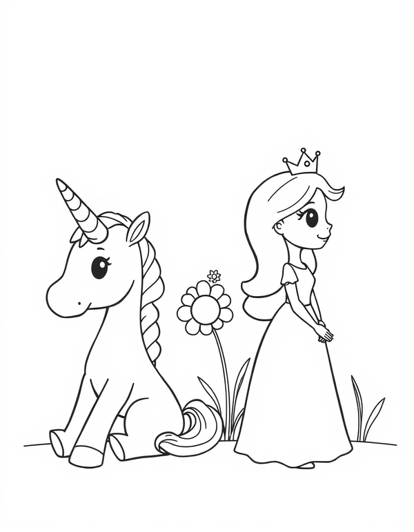 Black and white coloring page of unicorn sitting beside a princess in a garden