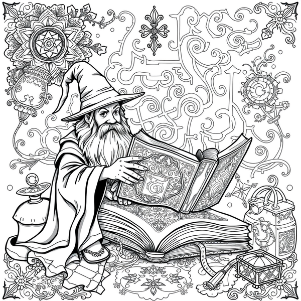 Black and white coloring page of wizard and apprentice studying a giant magical book