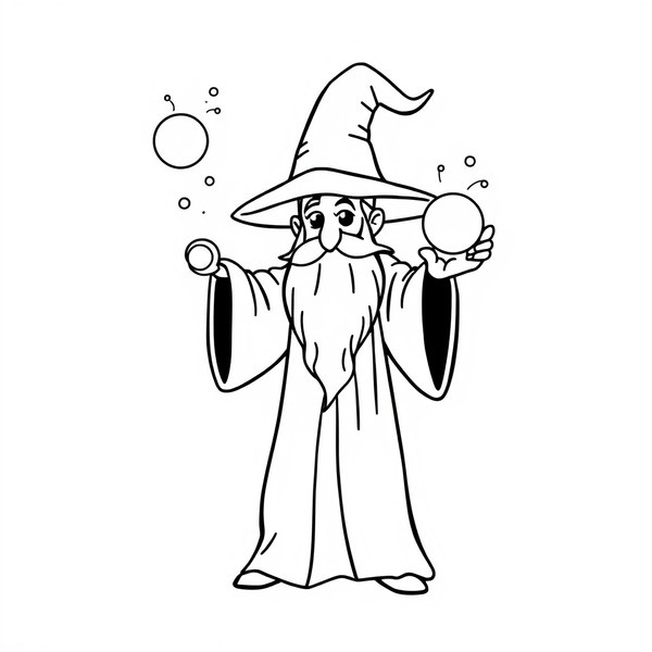 Black and white coloring page of wizard conjuring glowing magical orbs