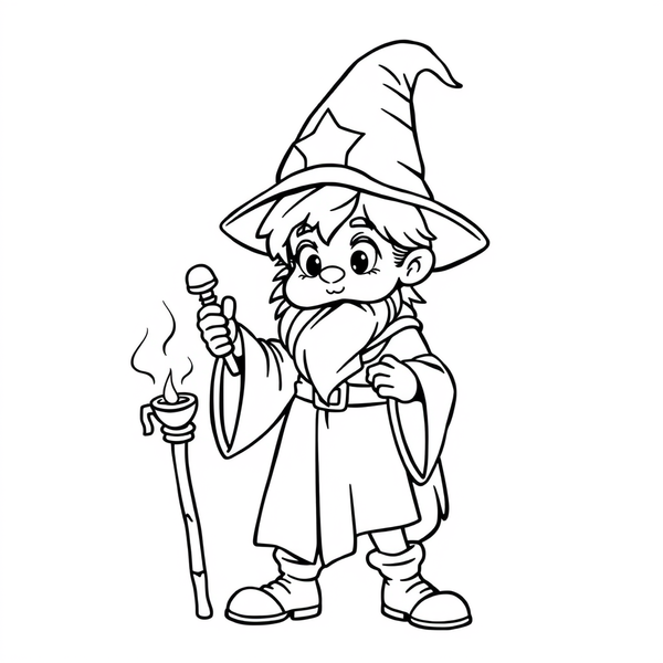 Black and white coloring page of young wizard apprentice learning a spell