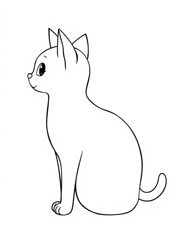 Black cat sitting in profile black and white line art