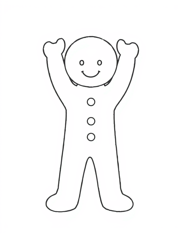 gingerbread man template with both arms raised, cookie outline with three buttons, black and white line art