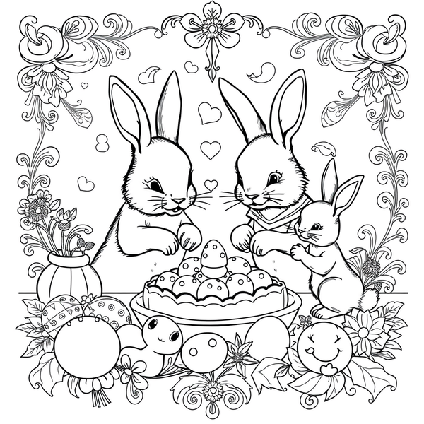 Black and white coloring page of bunny family preparing Easter treats together