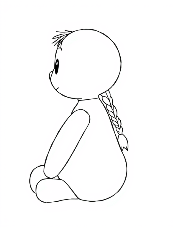 Creepy rag doll with a long braid black and white line art