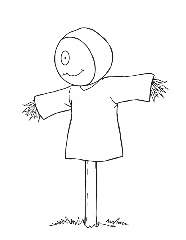 Creepy Scarecrow in a Field black and white line art