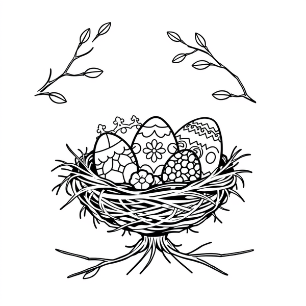 Black and white coloring page of decorated Easter eggs in a bird's nest
