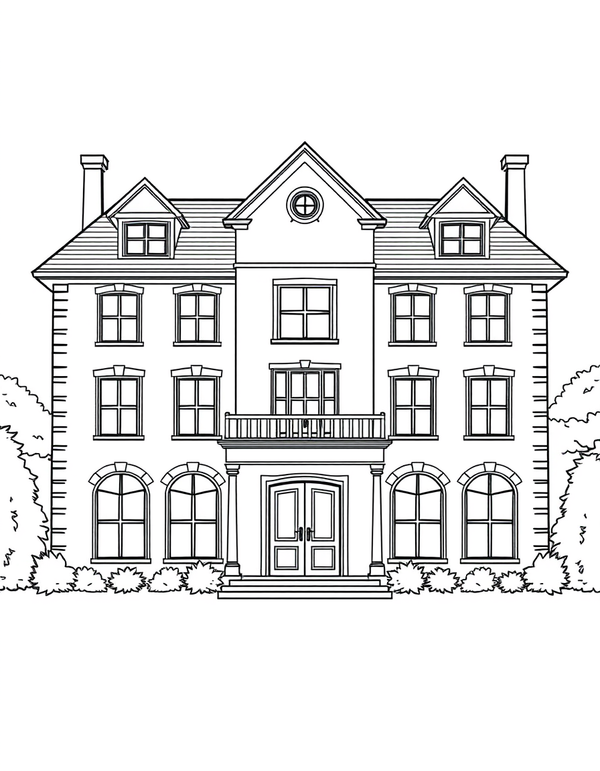 Detailed Haunted Mansion black and white line art