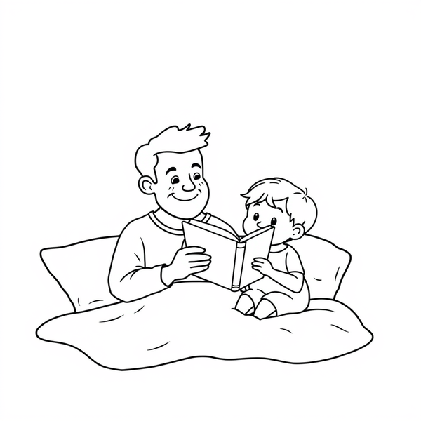 Black and white coloring page of father reading a bedtime story to children