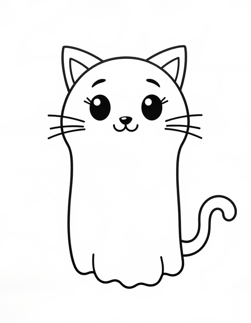 Ghost Cat With a Curled Floating Tail black and white line art