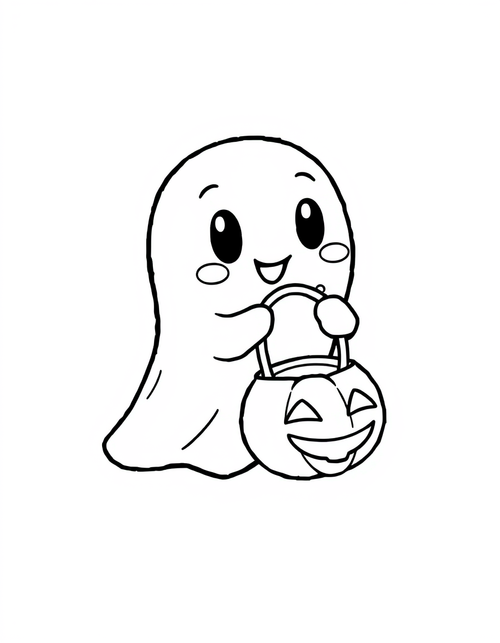 Ghost Trick or Treating With a Candy Bucket black and white line art