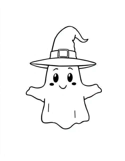Ghost Wearing a Pointed Witch Hat black and white line art