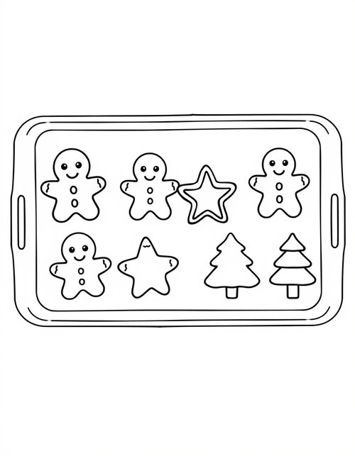 gingerbread cookies coloring page with people, stars and trees on a baking tray, black and white line art