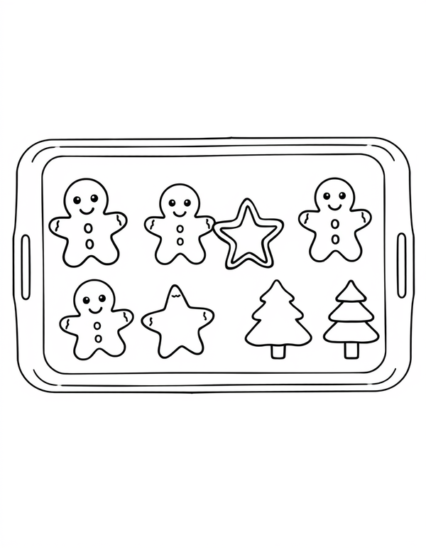 gingerbread cookies coloring page with people, stars and trees on a baking tray, black and white line art