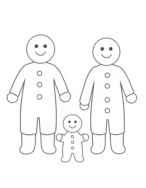 gingerbread family coloring page with three cookie people standing together, black and white line art