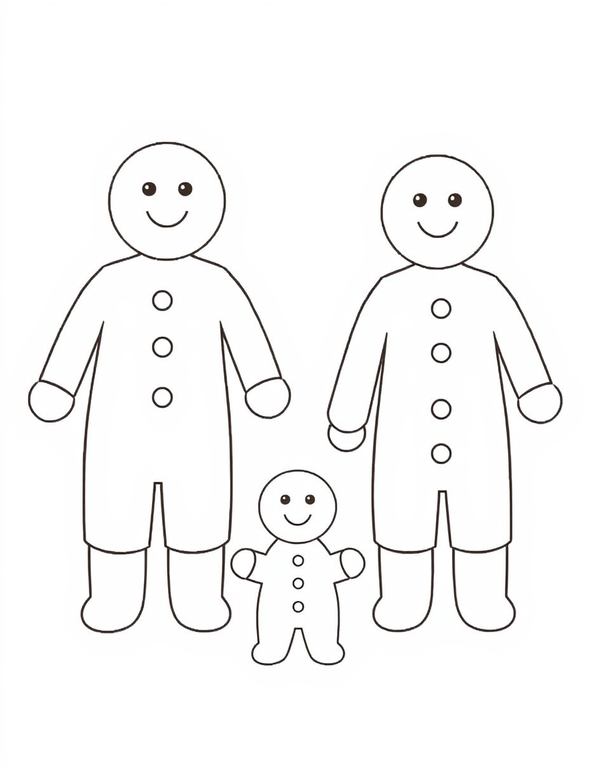gingerbread family coloring page with three cookie people standing together, black and white line art
