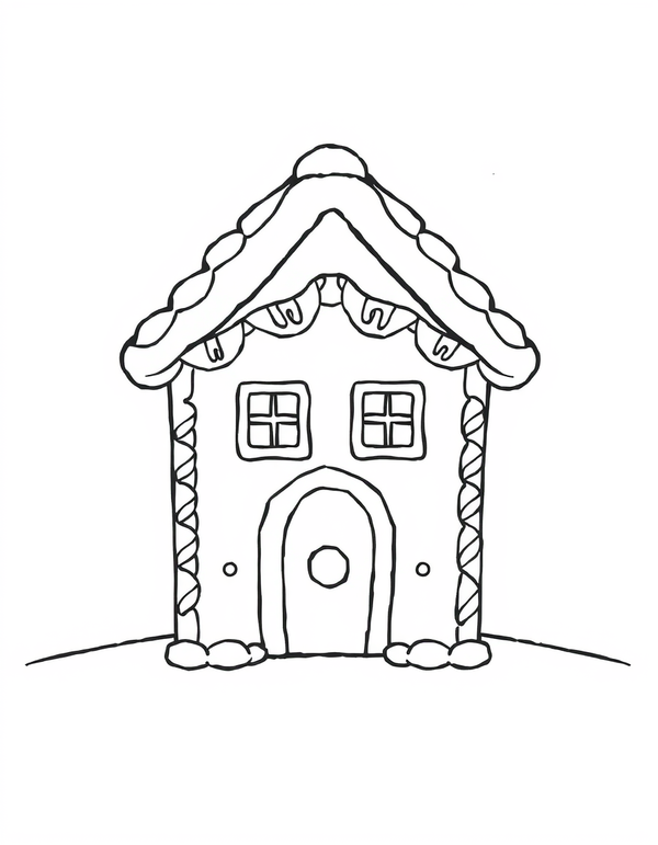 gingerbread house coloring page with candy canes along the roof edge, black and white line art