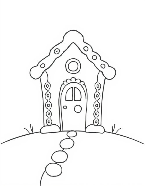 gingerbread house coloring page with a gumdrop path leading to the door, black and white line art