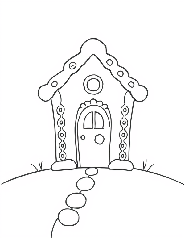 gingerbread house coloring page with a gumdrop path leading to the door, black and white line art