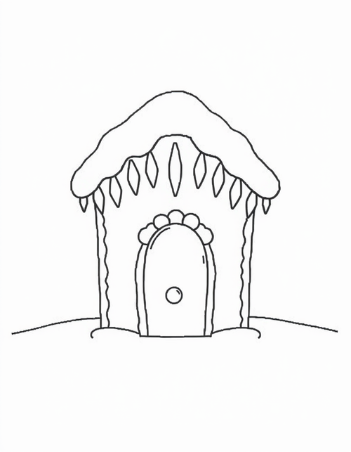 gingerbread house coloring page with snow and icicles on the roof, black and white line art