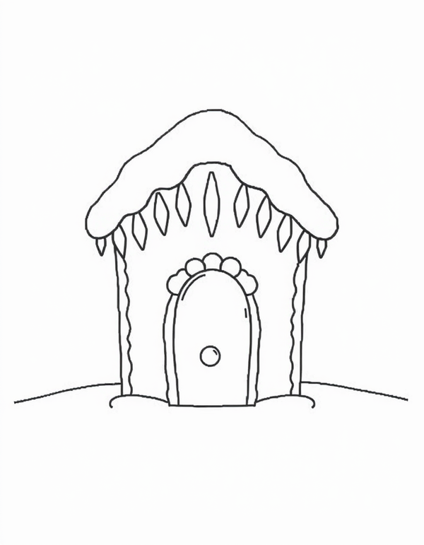 gingerbread house coloring page with snow and icicles on the roof, black and white line art