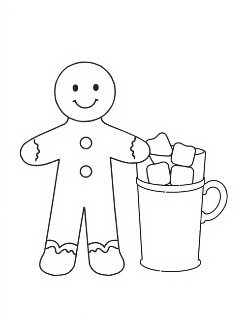 gingerbread man coloring page leaning on a mug of cocoa with marshmallows, black and white line art