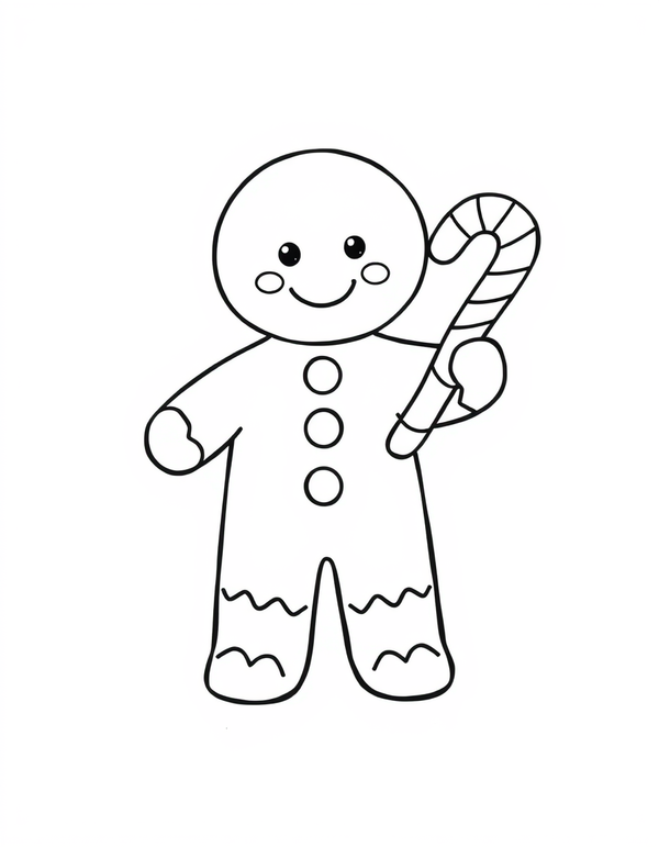 gingerbread man coloring page holding a striped candy cane, black and white line art