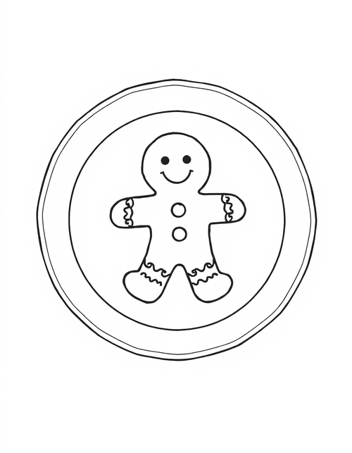 gingerbread man on a plate coloring page seen from above, black and white line art
