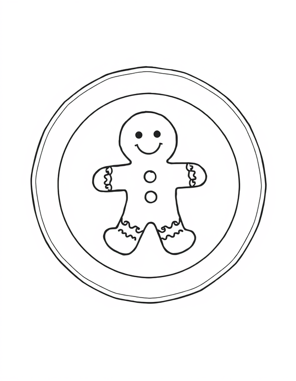 gingerbread man on a plate coloring page seen from above, black and white line art