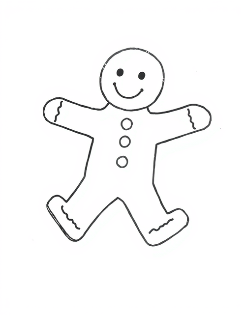 running gingerbread man coloring page with one leg forward, black and white line art