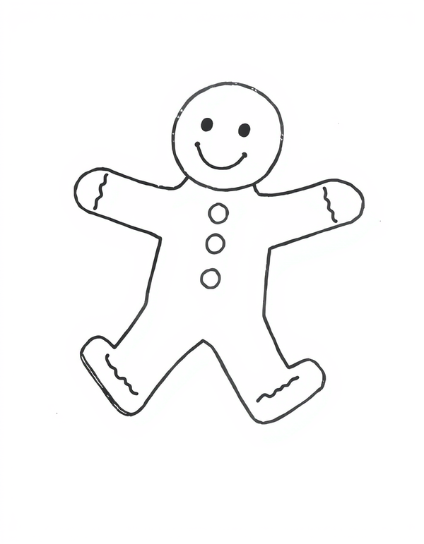 running gingerbread man coloring page with one leg forward, black and white line art