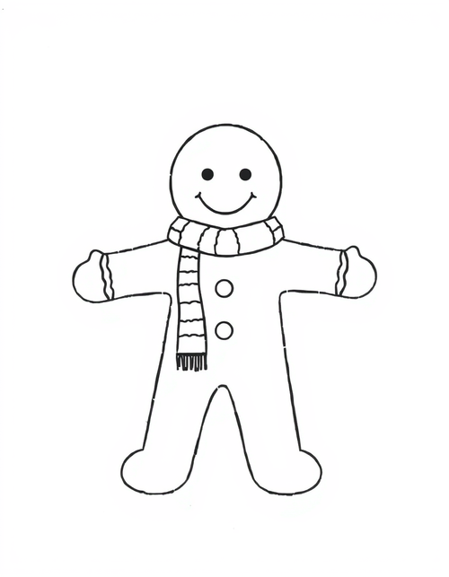 gingerbread man coloring page wearing a long knitted scarf, black and white line art