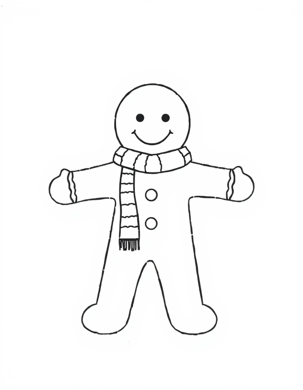 gingerbread man coloring page wearing a long knitted scarf, black and white line art