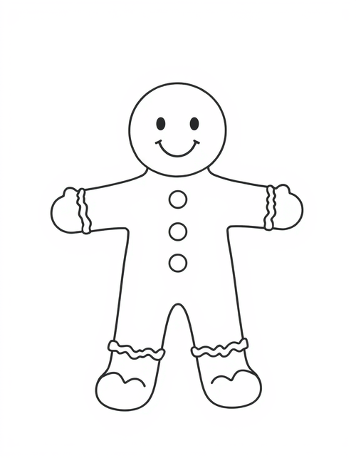 gingerbread man coloring page with three icing buttons and wavy trim, black and white line art