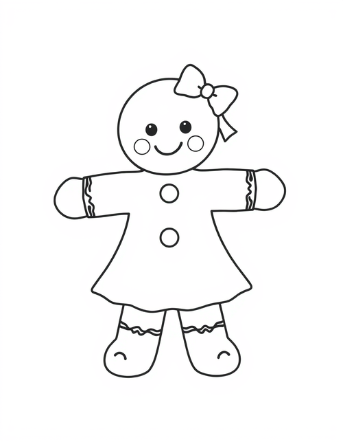 gingerbread woman coloring page with a ribbon bow and a skirt, black and white line art