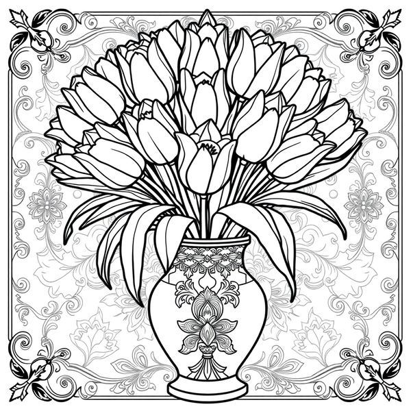 Black and white coloring page of gorgeous tulip bouquet in decorative vase