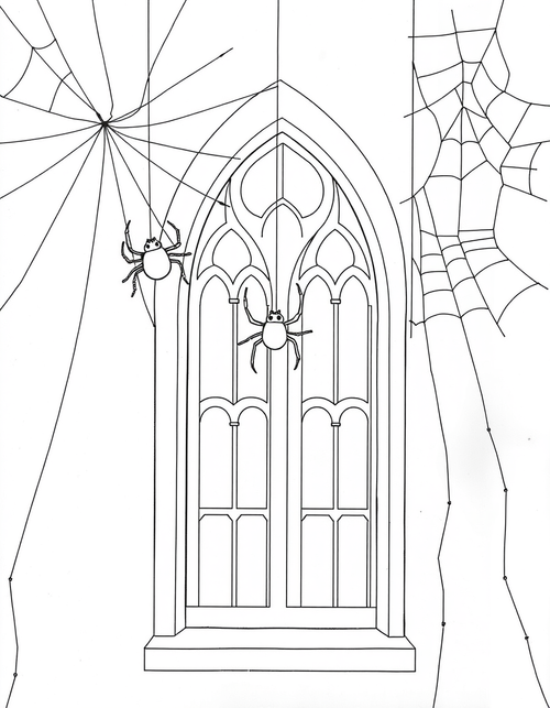 Gothic Window with Cobwebs black and white line art