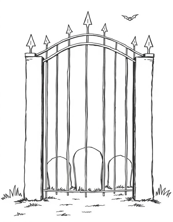 Graveyard Gate with a Bat black and white line art