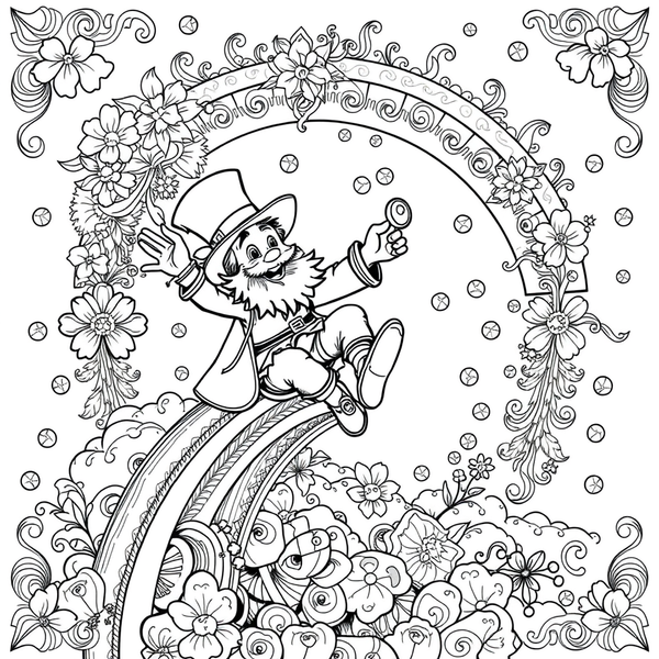 Black and white coloring page of leprechaun sliding down a rainbow catching coins